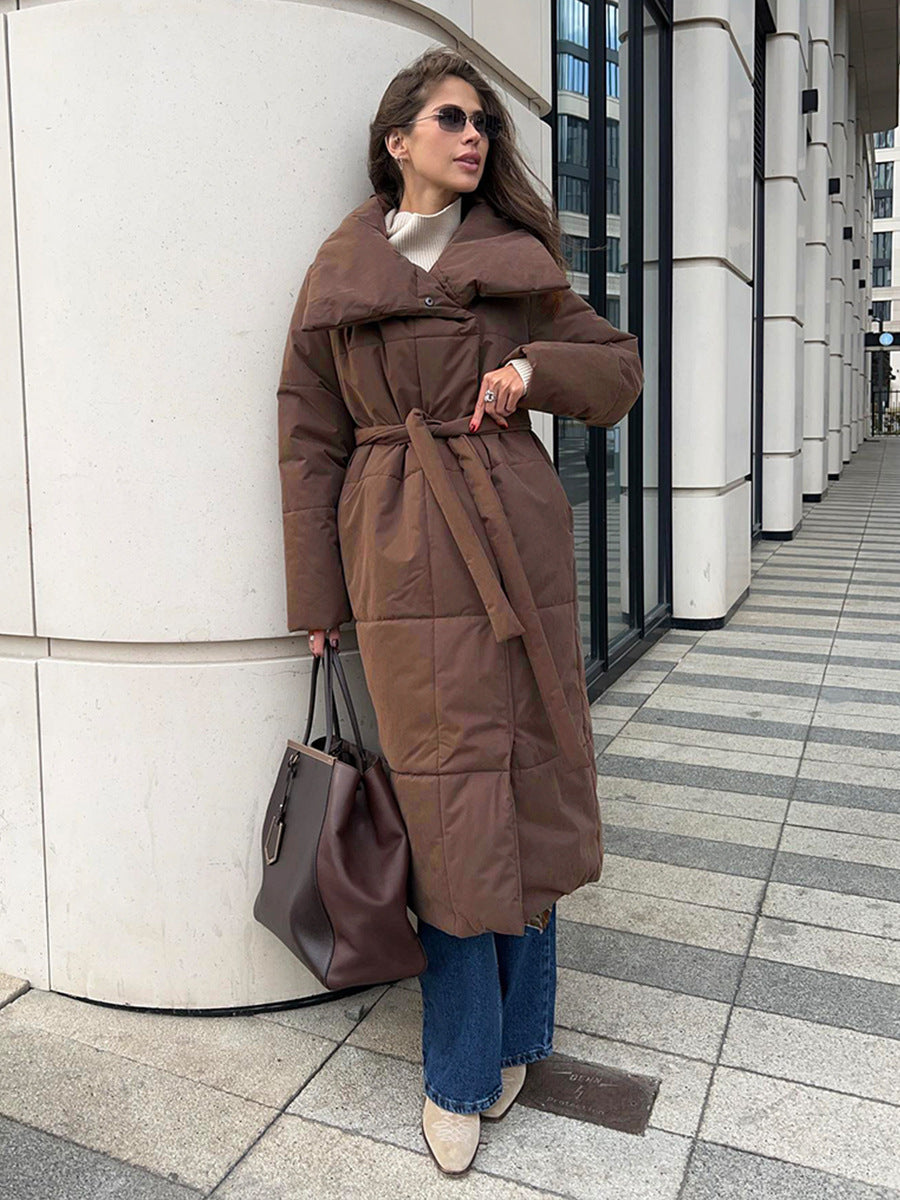 Manteau d'hiver à grand revers Loom & Soul™ pour femme – Longue veste matelassée en coton chaud avec ceinture et poches