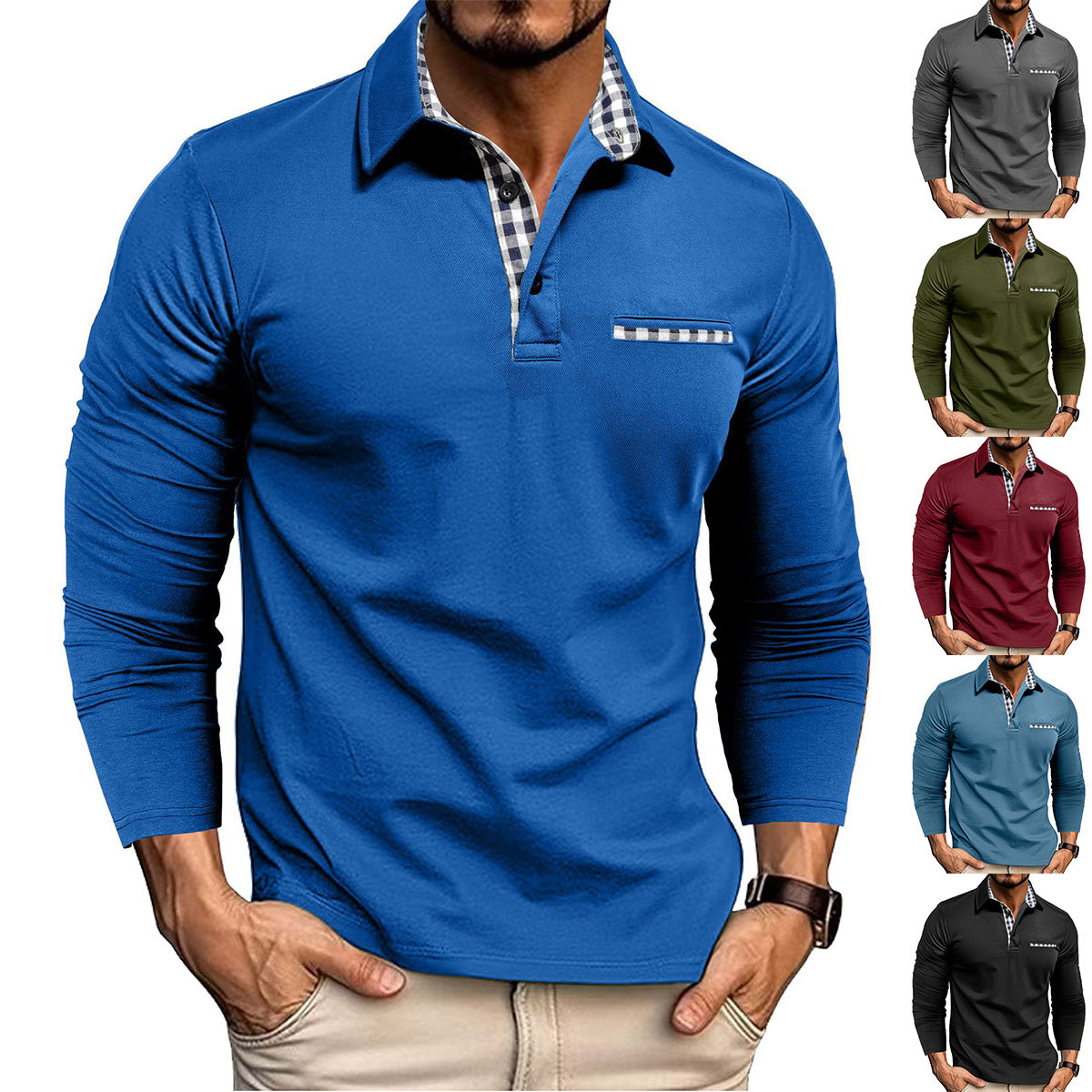 Polo à manches longues tissé et carreaux avec empiècements pour homme Loom & Soul™ – Haut décontracté de couleur unie