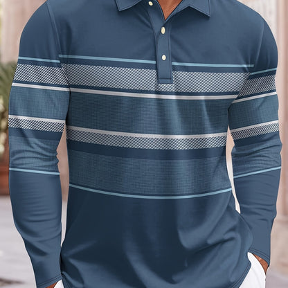 Men’s Blue & White Striped Polo Shirt – Long Sleeve Casual Preppy Polo