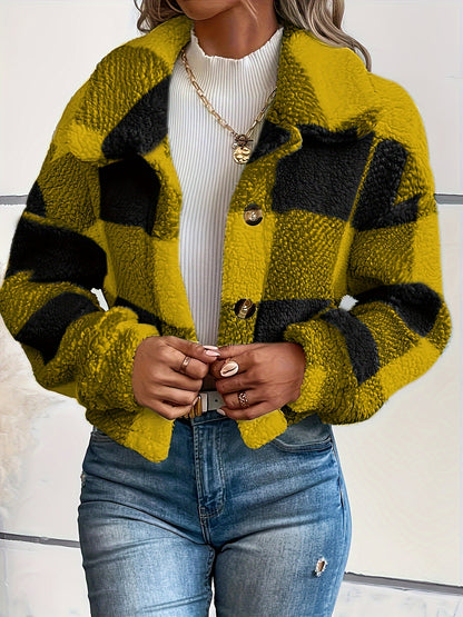 Manteau en peluche à carreaux pour femme – Vêtement d'extérieur chaud à carreaux pour l'automne/hiver avec boutons