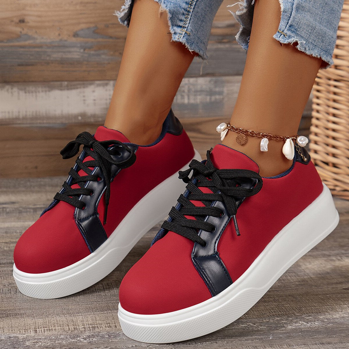 Loom & Soul™ Baskets rétro à lacets – Chaussures de marche en PU pour femmes avec talon compensé confortable de 3 à 5 cm et semelle en caoutchouc