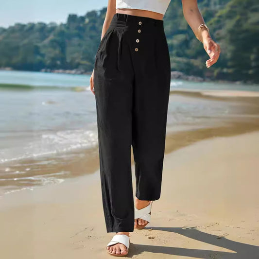 Loom & Soul Women’s Casual High Waist Trousers – Cotton Linen Straight-Leg Pants for Everyday Comfort