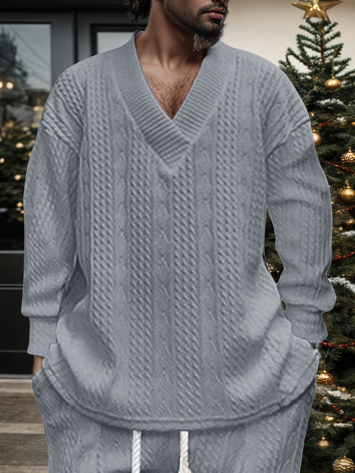 Men’s V-Neck Knit Sweater – Jacquard Rib Casual Pullover
