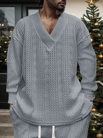 Men’s V-Neck Knit Sweater – Jacquard Rib Casual Pullover
