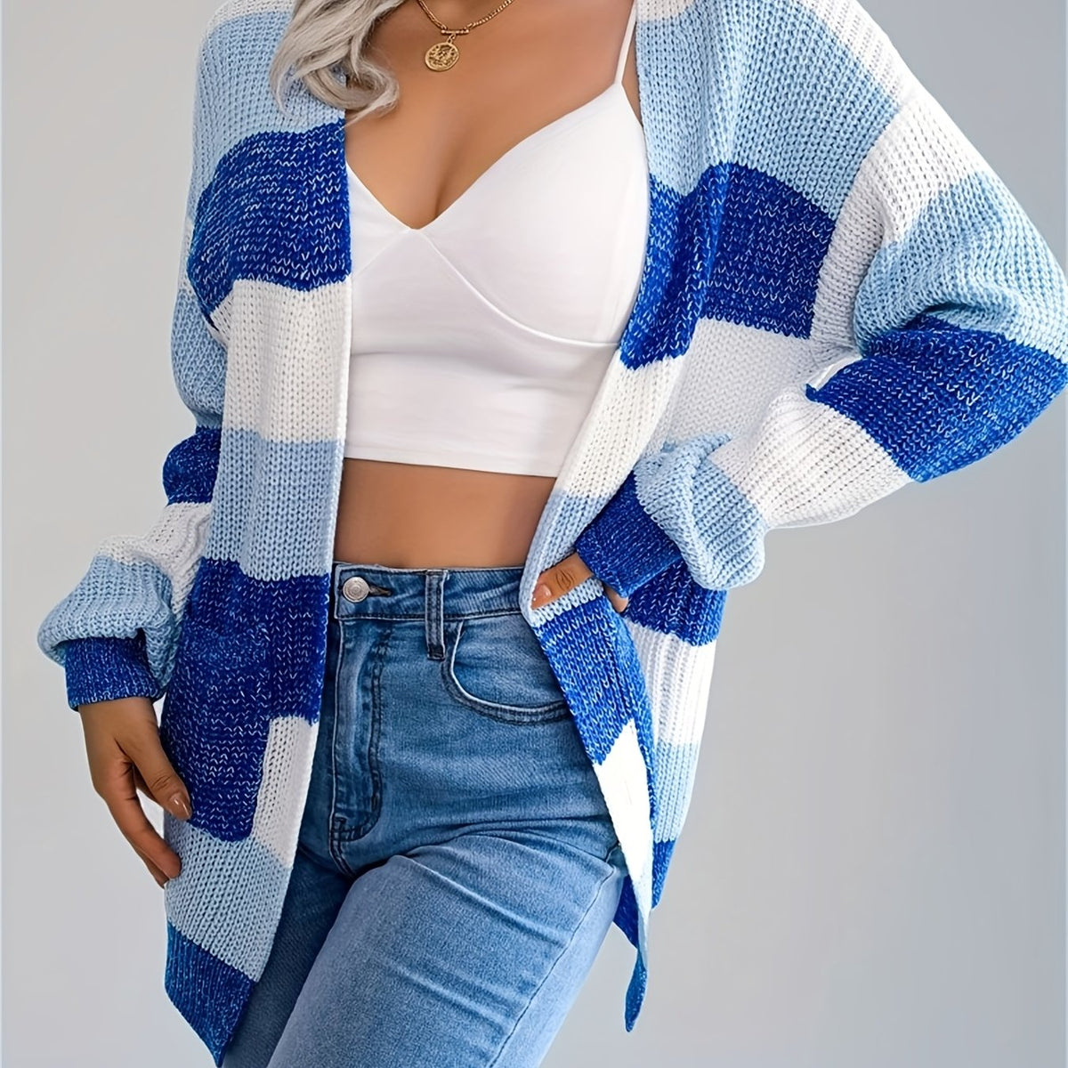 Cárdigan a rayas con bloques de color para mujer – Suéter de punto de invierno con mangas abullonadas