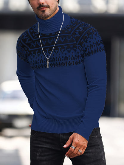 Men’s Geometric Turtleneck Sweater – Casual Knit Pullover for Fall & Winter