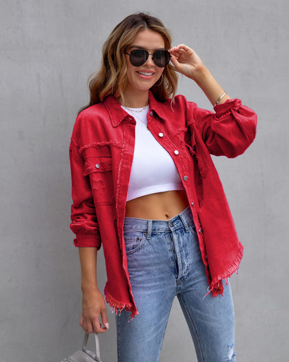 Veste chemise déchirée Loom & Soul pour femme – Haut décontracté ample boutonné pour le printemps et l'automne
