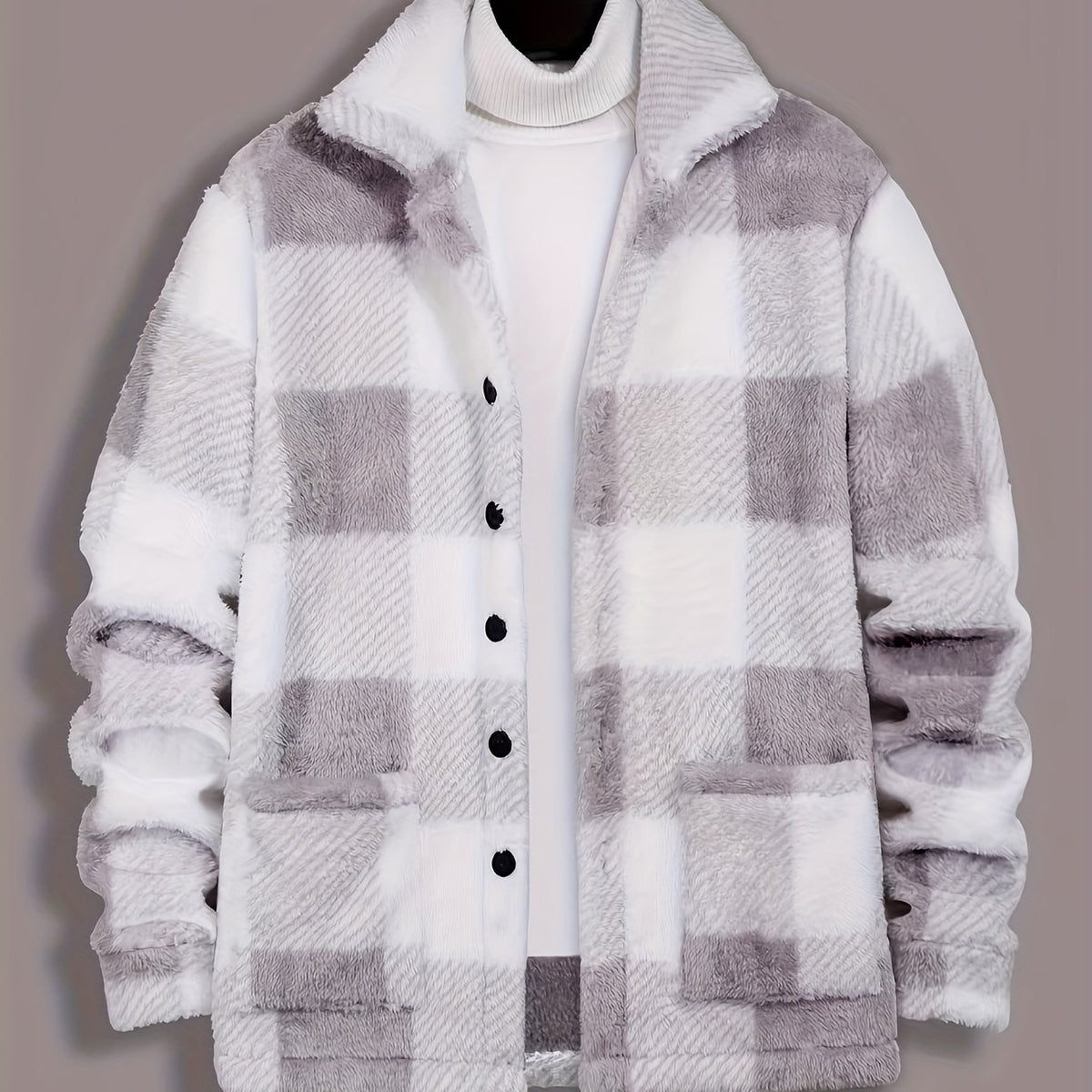 Men’s Black & White Plaid Fleece Jacket – Cozy Winter Overshirt