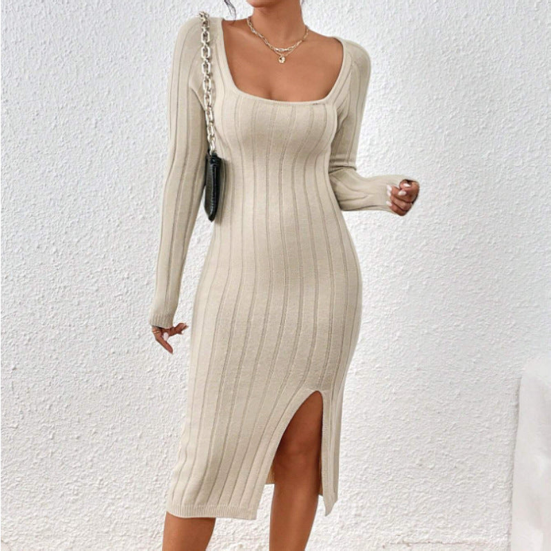 Vestido Midi de Punto con Cuello Cuadrado – Vestido Elegante Geométrico de Manga Larga