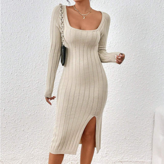 Vestido Midi de Punto con Cuello Cuadrado – Vestido Elegante Geométrico de Manga Larga