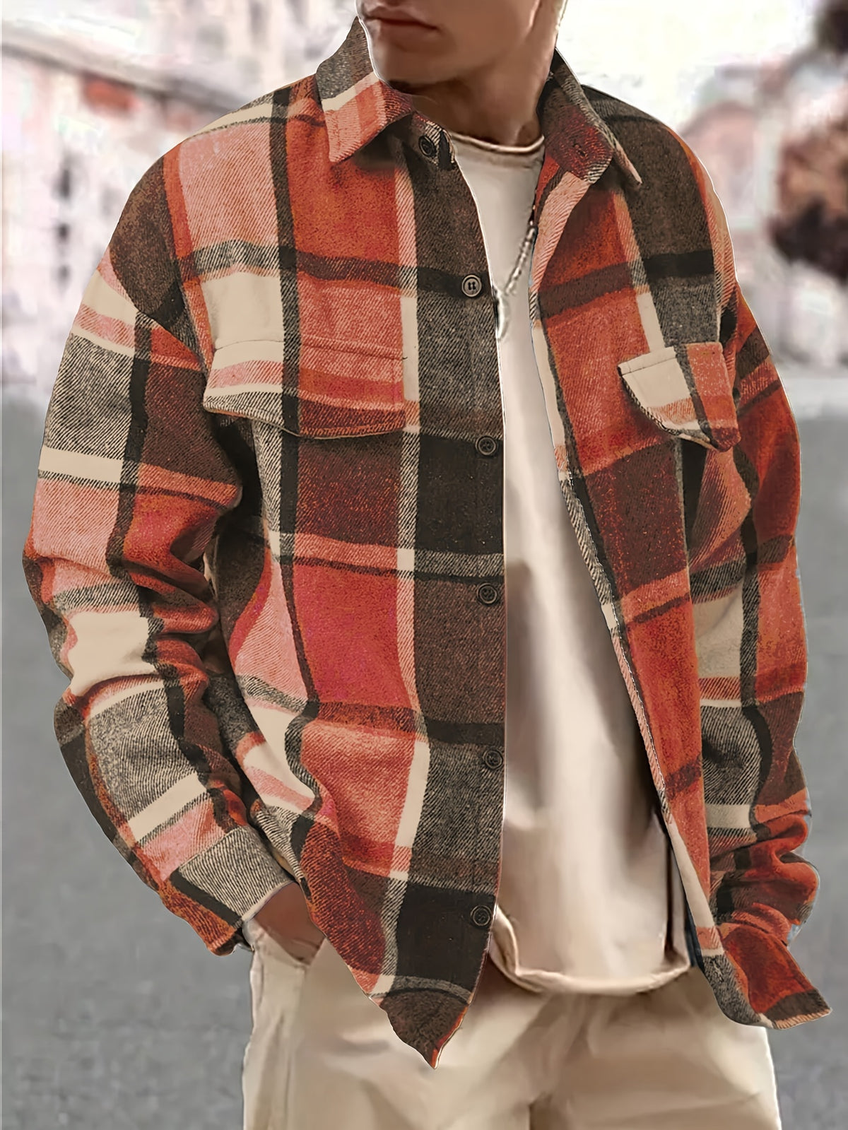 Men’s Vintage Plaid Shirt – Black & White Check Loose Button-Up Top