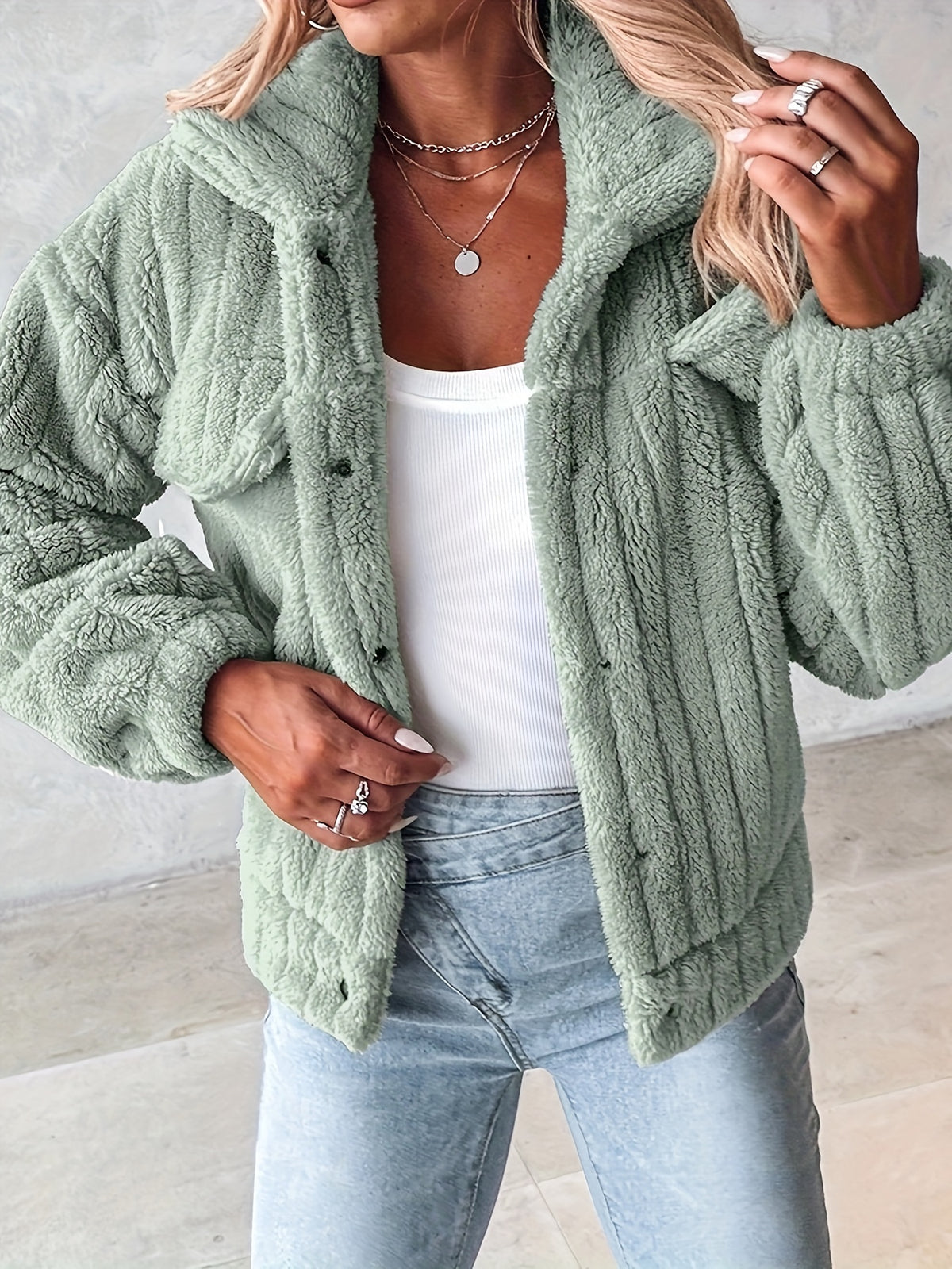 Women’s Soft Pink Plush Jacket – Button-Up Winter Coat with Lapel Collar