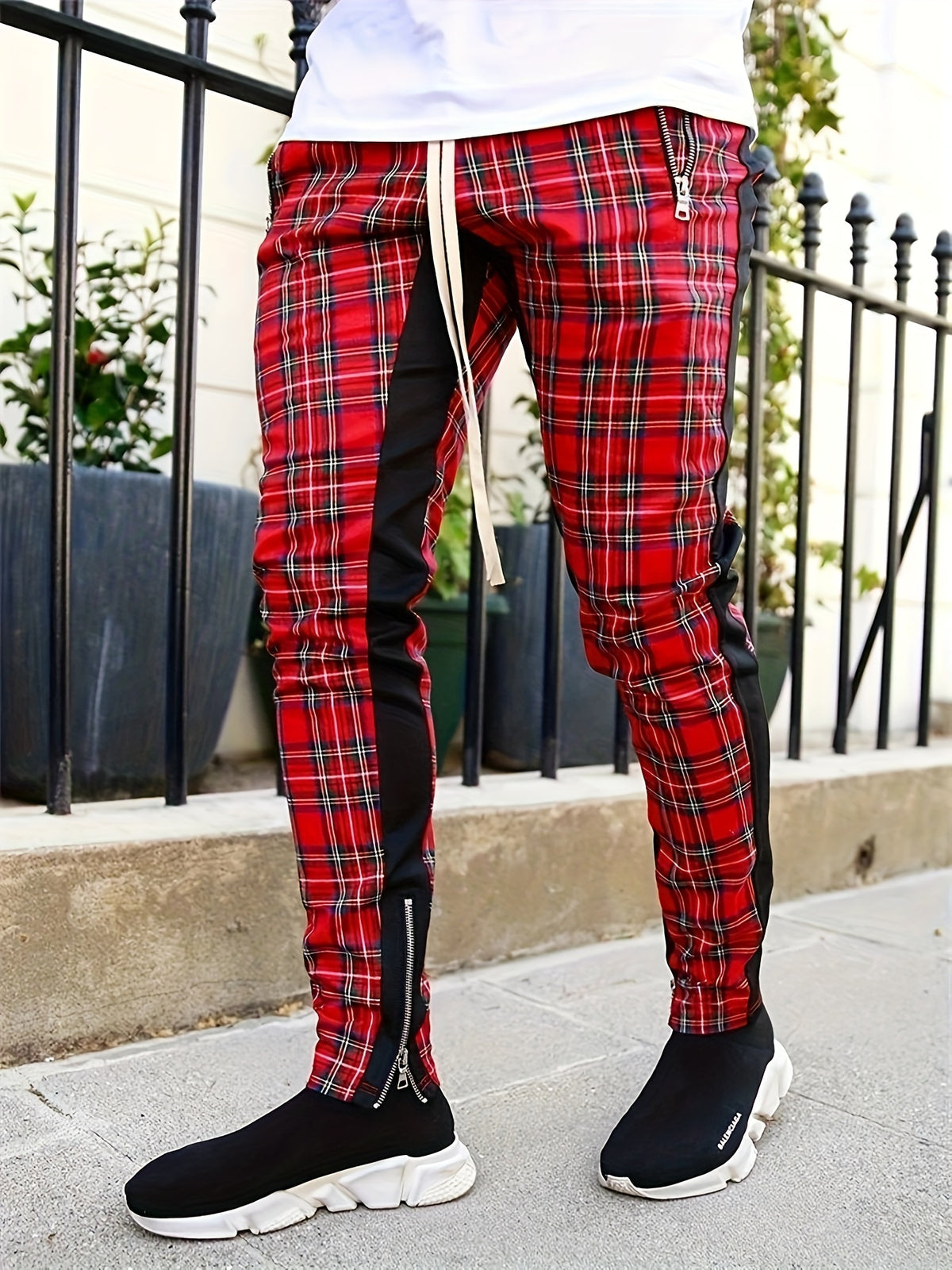 Men’s Red & Black Plaid Joggers – 3D Knit Streetwear Trousers