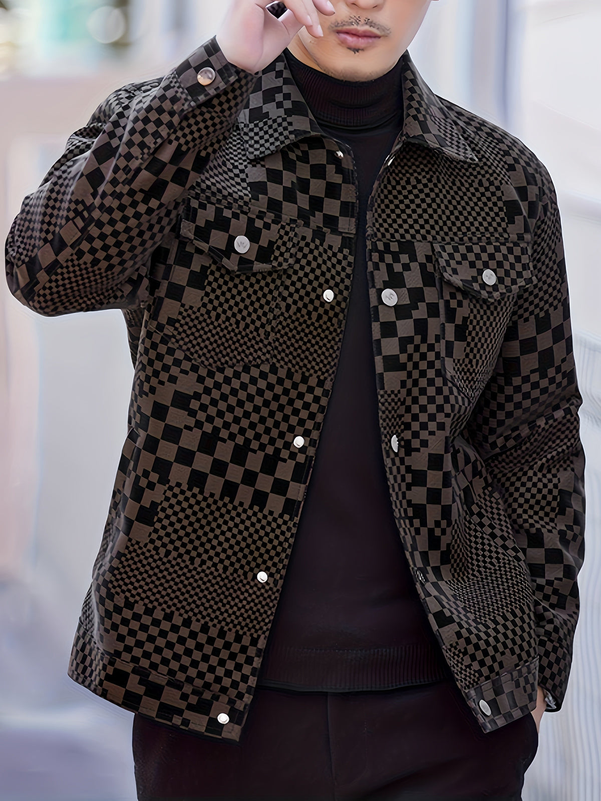 Manteau en PU à carreaux pour hommes – Veste de rue pied-de-poule noir et marron