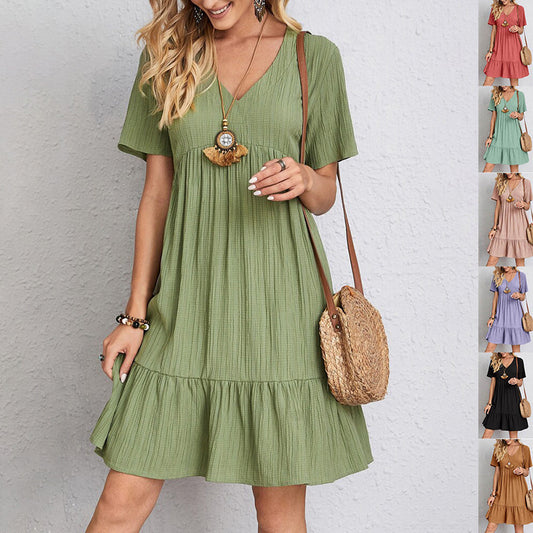 Vestido de volantes con cuello en V Loom & Soul™ - Vestido de playa informal de manga corta para mujer