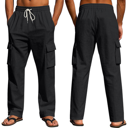 Loom & Soul™ Men’s Linen Cargo Pants – Multi-Pocket Breathable Straight-Leg Workwear Trousers