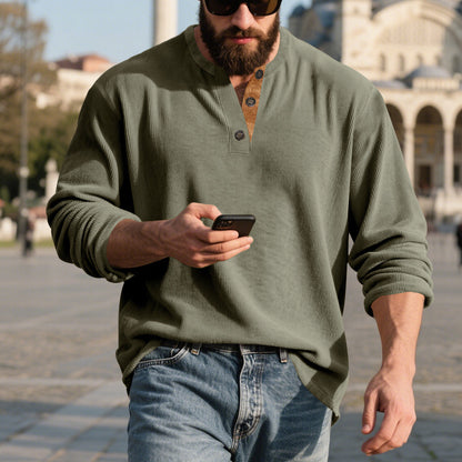 Men’s Retro Corduroy Henley Shirt – Long Sleeve Loose Fit