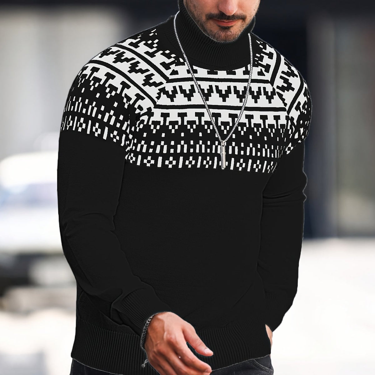 Men’s Geometric Turtleneck Sweater – Casual Knit Pullover for Fall & Winter