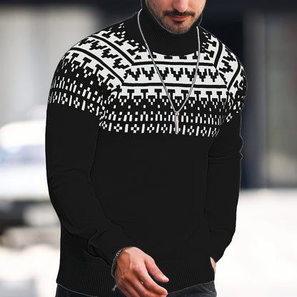 Men’s Geometric Turtleneck Sweater – Casual Knit Pullover for Fall & Winter