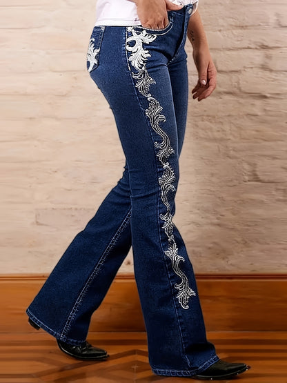 Vaqueros Flare para Mujer – Acampanados Azul Oscuro con Diseño Estampado Lateral