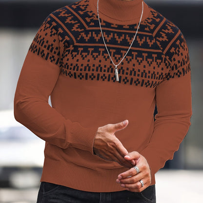 Men’s Geometric Turtleneck Sweater – Casual Knit Pullover for Fall & Winter
