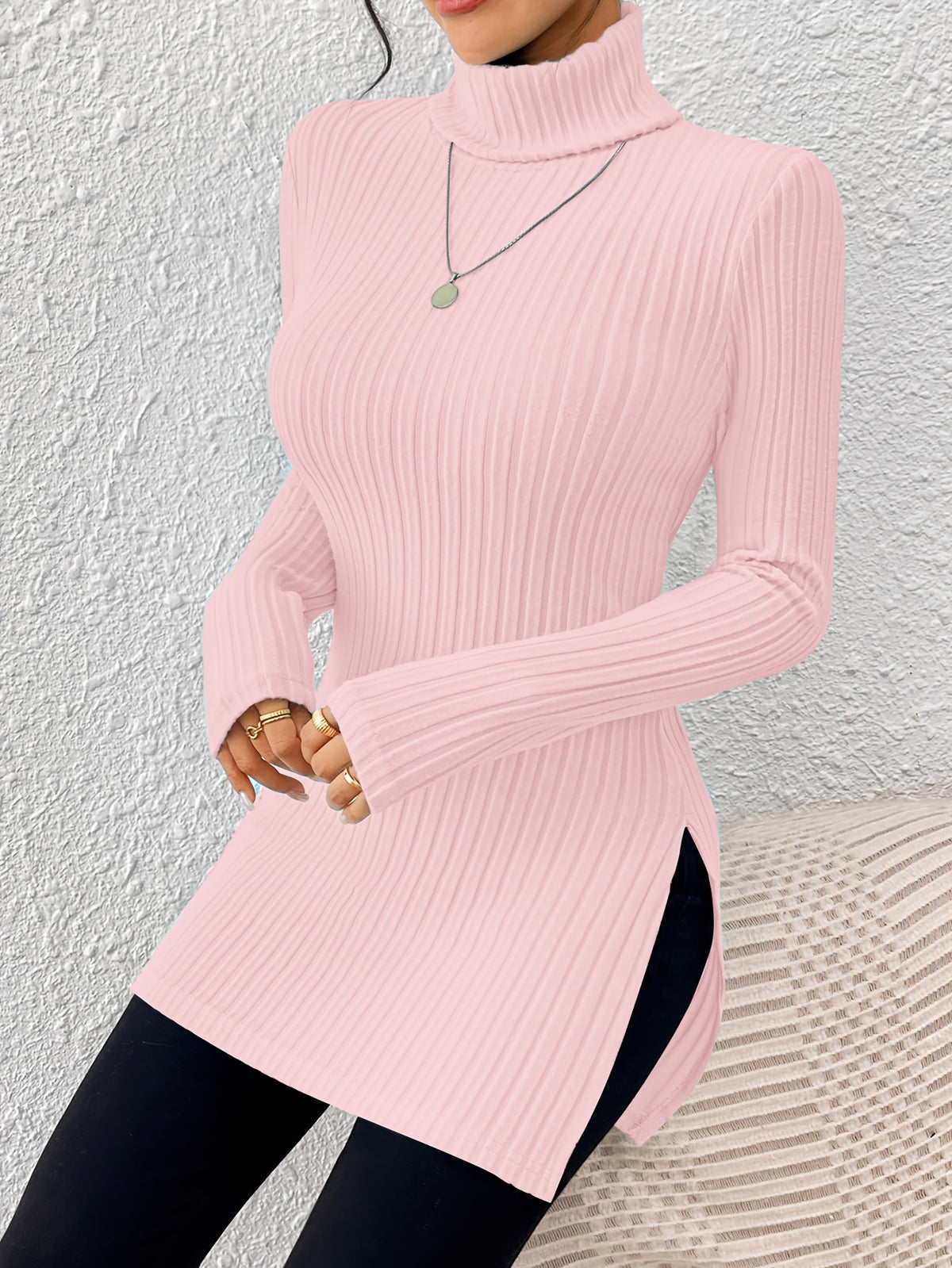 Haut élégant à col roulé pour femme – Tricot doux à manches longues et col montant