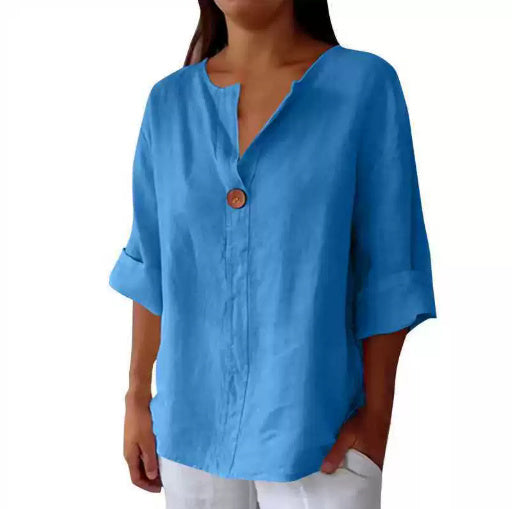 Haut boutonnée en coton et lin à col en V pour femme Loom & Soul™ – Blouse ample à manches longues
