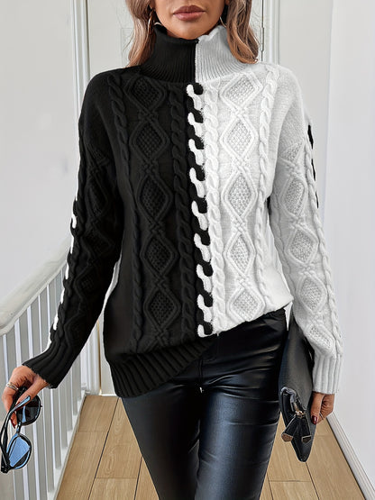 Elegant High-Neck Striped Blouse – Color-Block Knit Long Sleeve Top