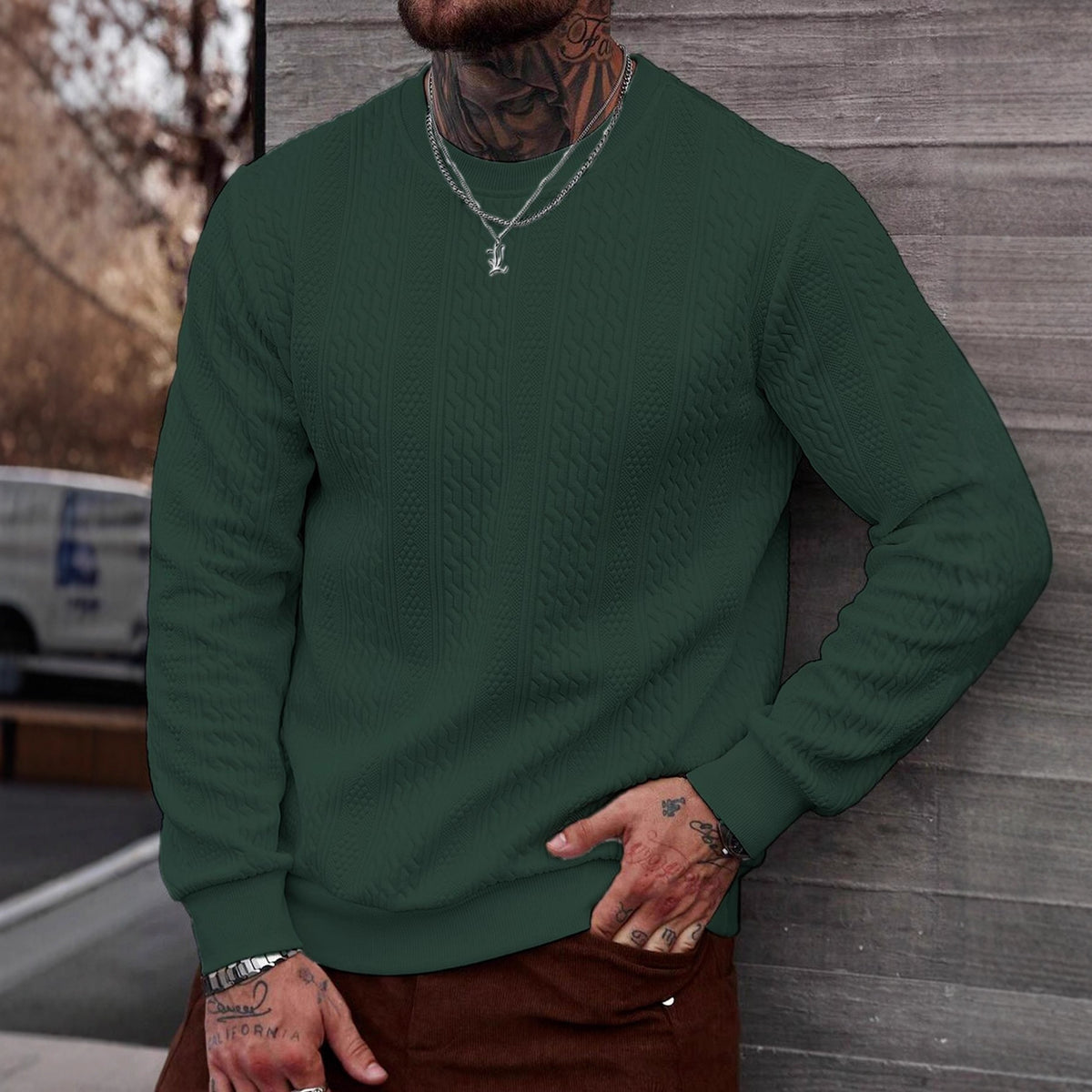 Sweat à capuche jacquard col rond homme – Haut léger coupe ample