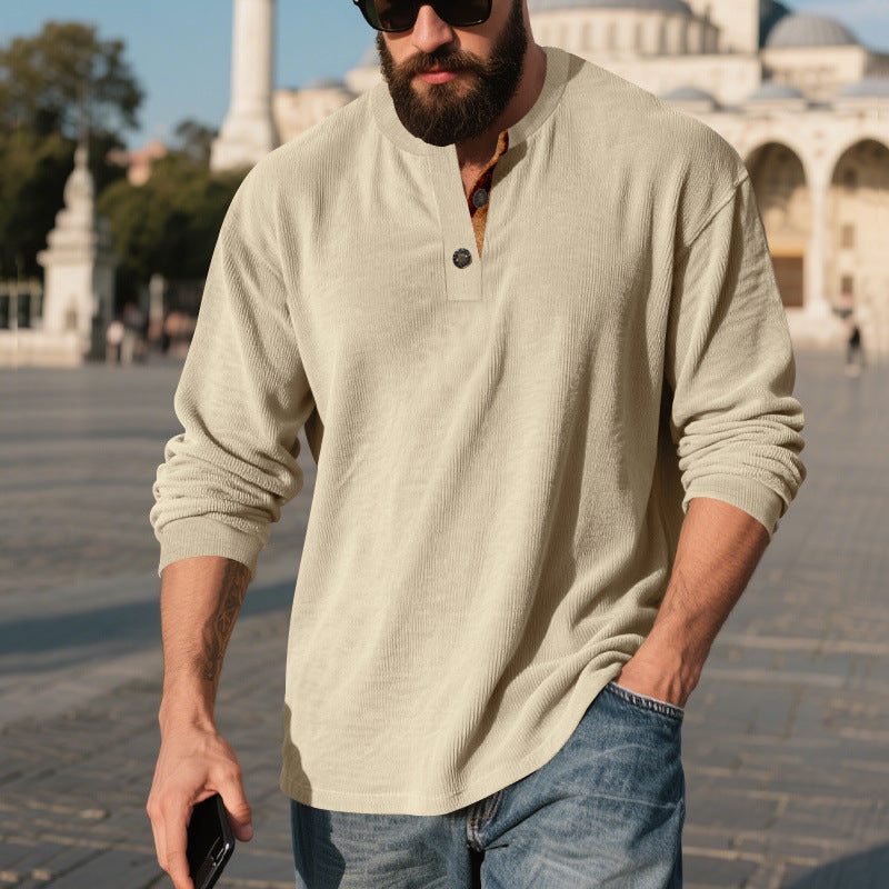 Men’s Retro Corduroy Henley Shirt – Long Sleeve Loose Fit