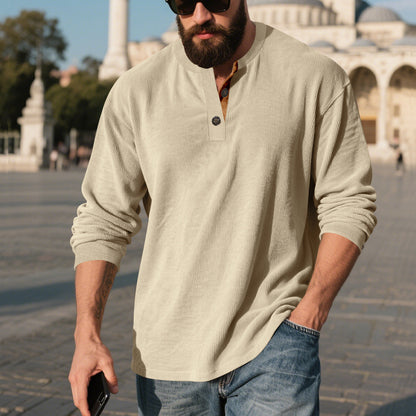 Men’s Retro Corduroy Henley Shirt – Long Sleeve Loose Fit