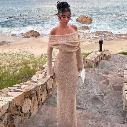 Robe longue en maille à une épaule – Robe de plage élégante à manches longues