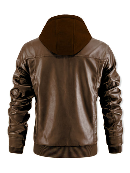 Men’s PU Leather Bomber Jacket – Zip-Up w/ Removable Hood