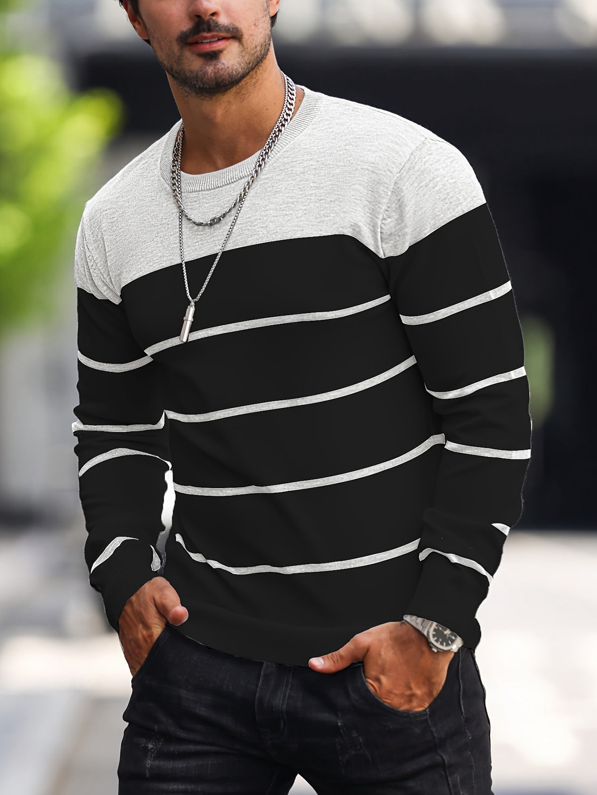 Men’s Navy Striped Knit Sweater – Casual Crew Neck Pullover