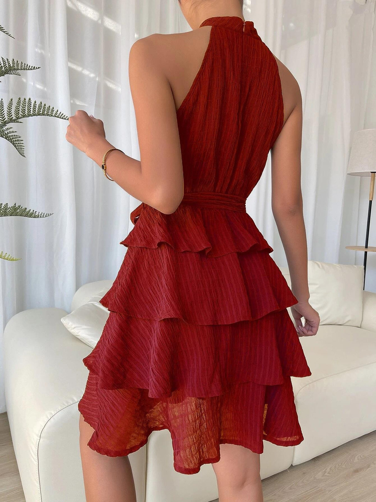 Elegant Halter Ruffle Mini Dress – Sleeveless Summer Party Dress