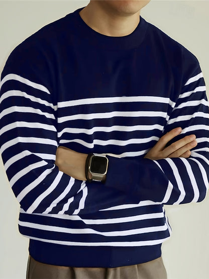 Men’s Striped Knit Sweater – Casual Crew Neck Streetwear Pullover