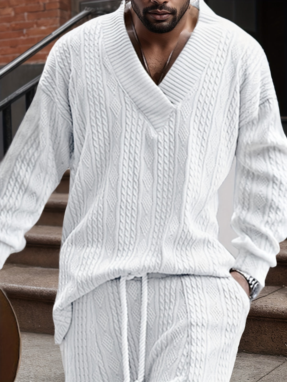 Men’s V-Neck Knit Sweater – Jacquard Rib Casual Pullover