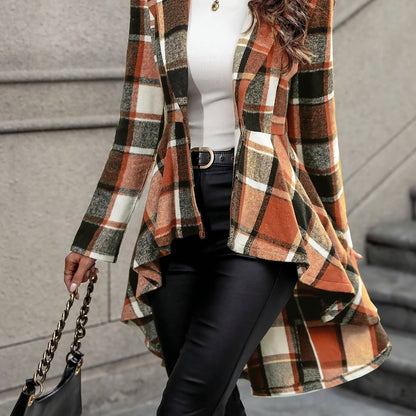 Veste évasée à carreaux pour femme – Manteau d'automne/hiver à revers et ourlet asymétrique, avec boutonnage