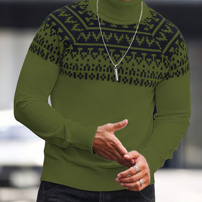 Men’s Geometric Turtleneck Sweater – Casual Knit Pullover for Fall & Winter