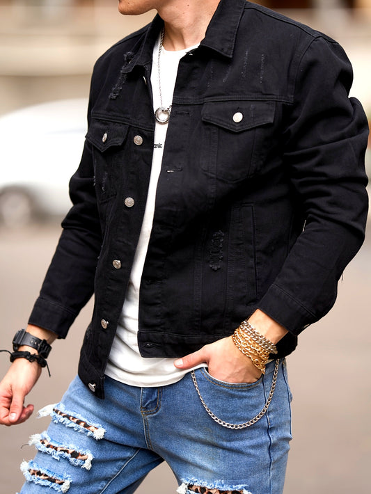 Men’s Slim Fit Black Denim Jacket – Moto Pocket Style