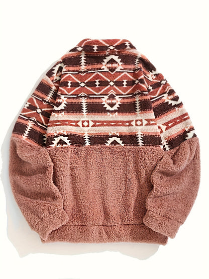 Sweat-shirt Teddy à motif géométrique – Pull polaire demi-zippé pour l'automne et l'hiver