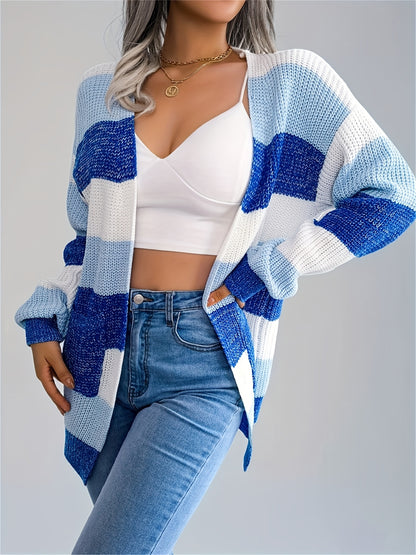 Cárdigan a rayas con bloques de color para mujer – Suéter de punto de invierno con mangas abullonadas