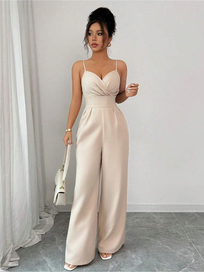 Combinaison salopette minimaliste à col en V – Élégante pantalon palazzo à jambes larges