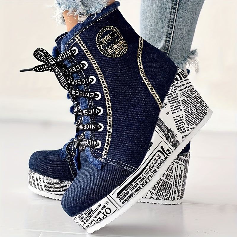 Bottines à talons épais scintillantes pour femmes – Bottines à lacets avec cœur en dentelle