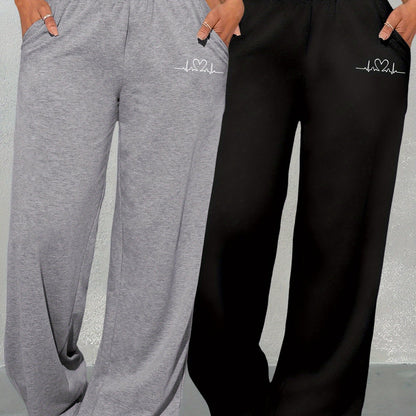 Ensemble deux pièces imprimé cœurs géométriques pour femme – Pantalon large taille haute