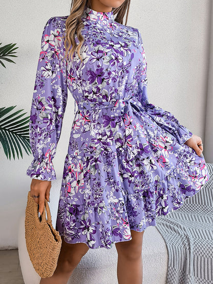 Robe longue fleurie à volants Loom & Soul™ – Robe trapèze à col montant et taille élastiquée pour femme pour le printemps et l'automne