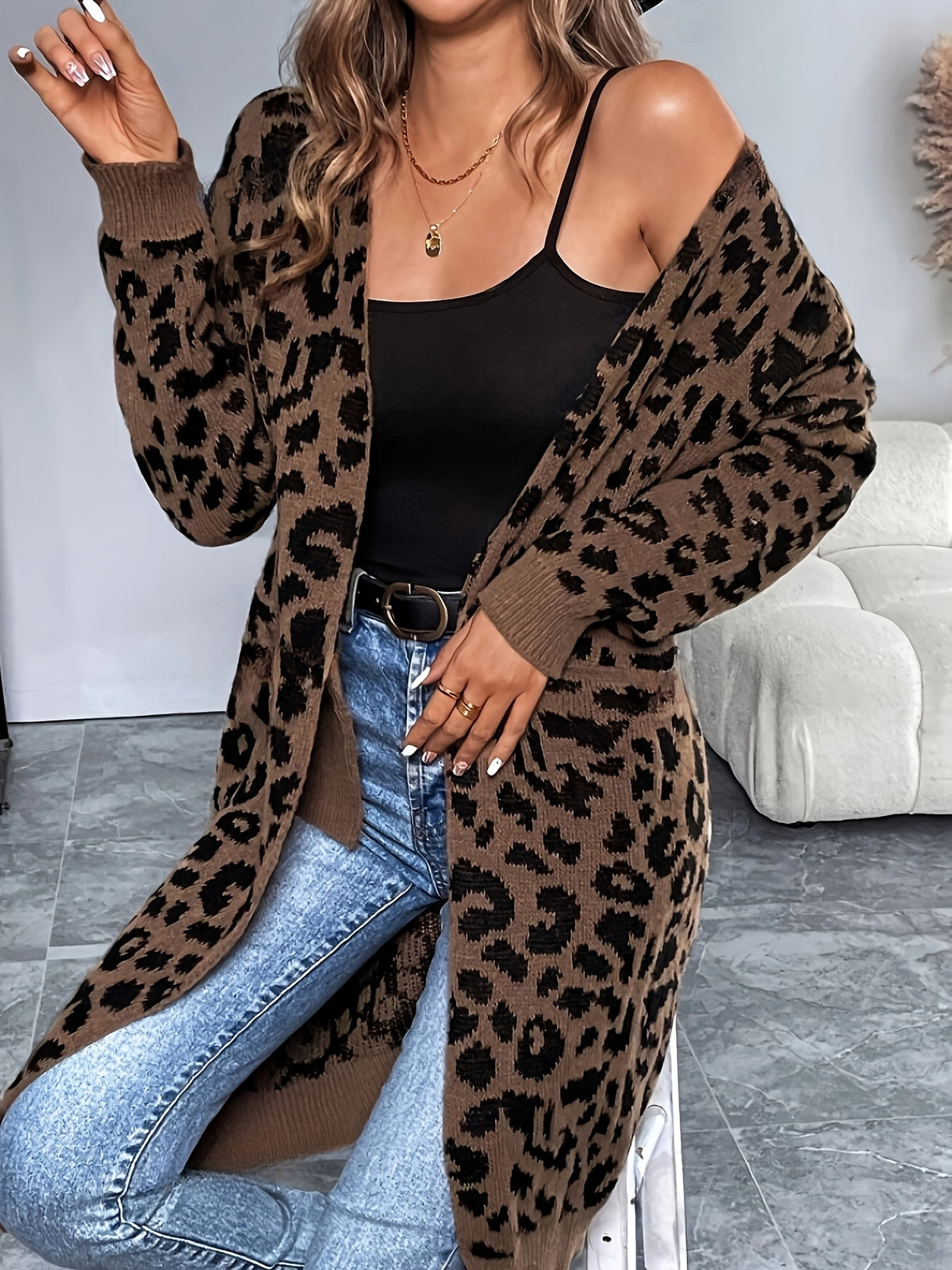 Cardigan imprimé léopard – Chandail douillet sans col en tricot