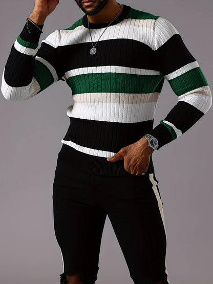Men’s Striped Ribbed Knit Sweater – Color-Block Fall Winter Pullover