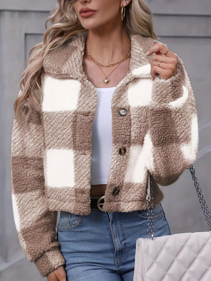 Manteau en peluche à carreaux pour femme – Vêtement d'extérieur chaud à carreaux pour l'automne/hiver avec boutons