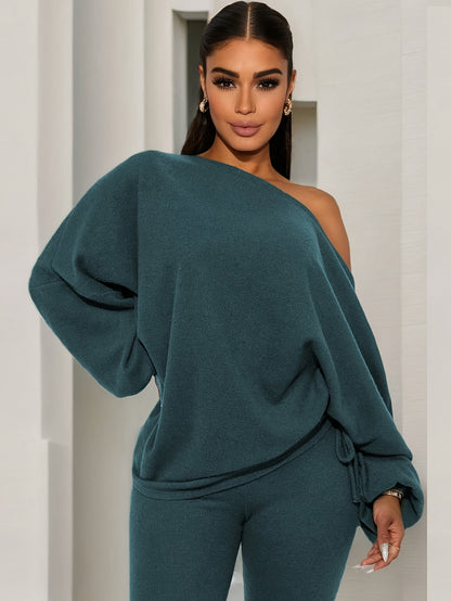 Ensemble 2 pièces pour femme - Haut asymétrique à manches lanterne et leggings moulants